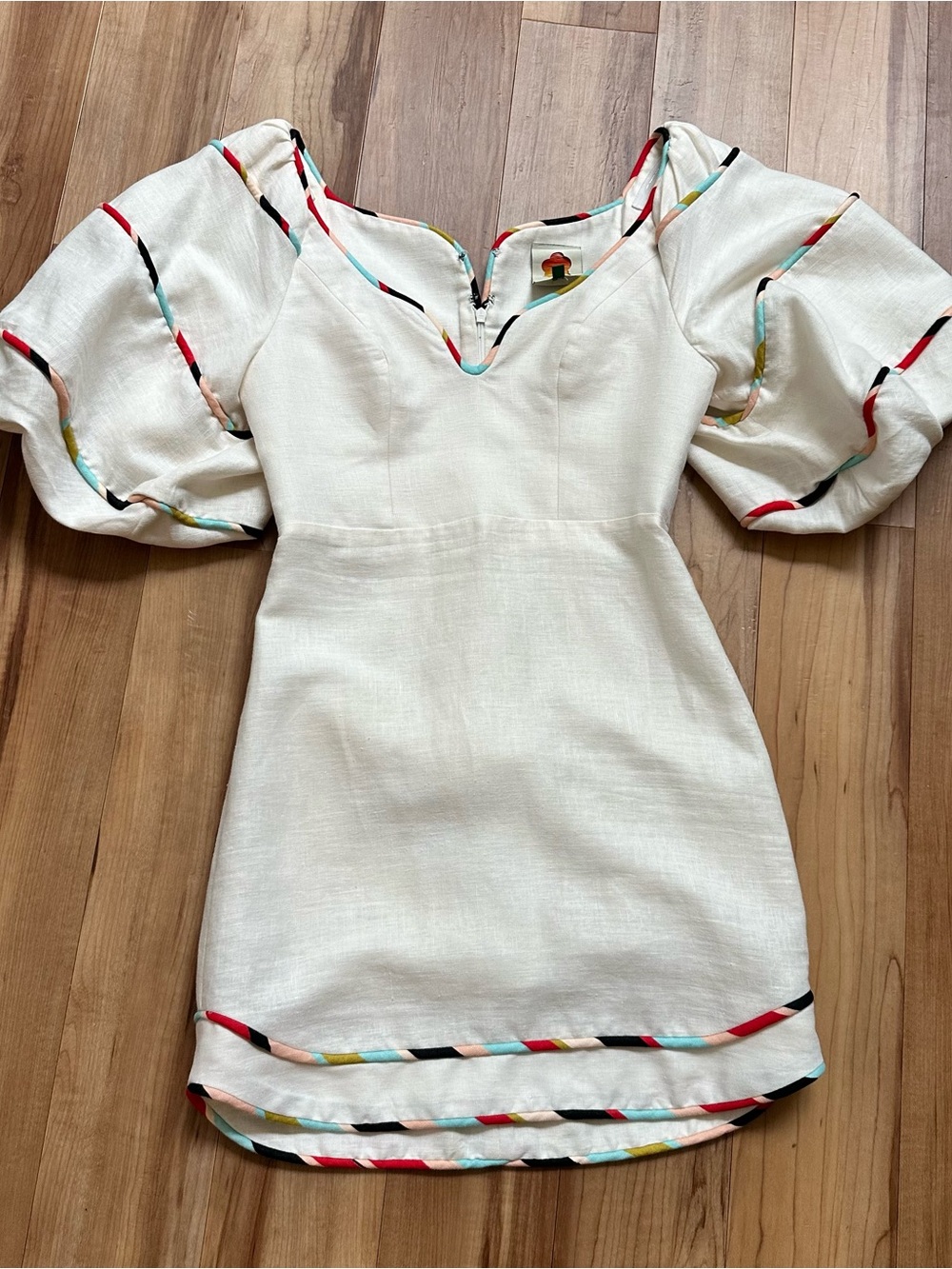FARM Rio White Puff-Sleeve Mini Linen Dress size XS
